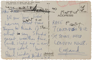 Lot #7013 Paul McCartney Handwritten Letter on Postcard