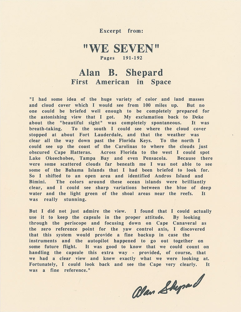 Lot #8055  MR-3: Alan Shepard Signed Typed Excerpt
