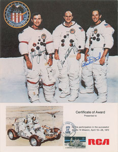 Lot #8366  Apollo 16 Signed Award Certificate and Cover - Image 1