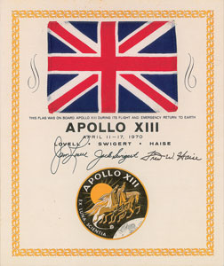 Lot #8290  Apollo 13 Flown UK Flag and Signed Presentation - Image 1