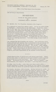 Lot #9041 John F. Kennedy First State of the Union Address Press Release - Image 1