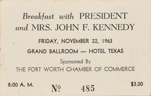 Lot #9075 John and Jacqueline Kennedy Dallas Breakfast Ticket and Photograph - Image 2