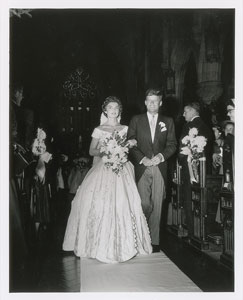 Lot #9175 John and Jacqueline Kennedy 1953 Wedding Photograph Exiting Church - Image 1