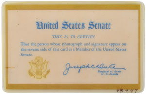 Lot #9007 John F. Kennedy's Personally-Owned Signed Senate ID Card - Image 2