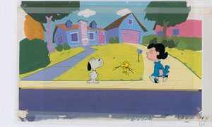 Lot #828 Snoopy, Woodstock, and Lucy production cels  from  Peanuts - Image 1