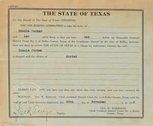 Lot #2021 Bonnie Parker and Clyde Barrow Pair of Original Arrest Warrants - Image 2