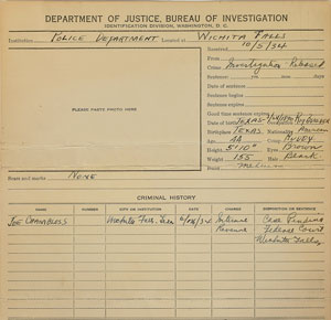 Lot #2076 Joe Chambless Signed Fingerprint Card and Original Vintage Mug Shot Photograph - Image 2