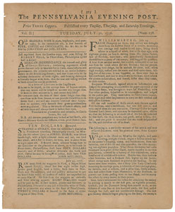Lot #18  Pennsylvania Evening Post: July 30, 1776