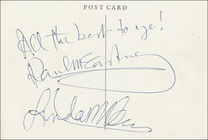 Lot #4052  Wings: Paul and Linda McCartney Signed Postcard - Image 1