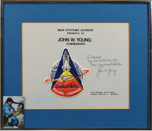 Lot #7060 John Young's Signed STS-1 Flown Flight Suit Patch Display - Image 1