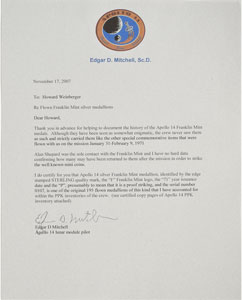 Lot #8391 Edgar Mitchell's Apollo 14 Flown Franklin Mint Silver Medallion - Image 3