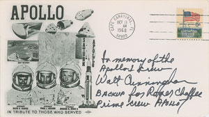 Lot #8303 Walt Cunningham Signed Cover and Apollo 1 Tragedy News Release - Image 2