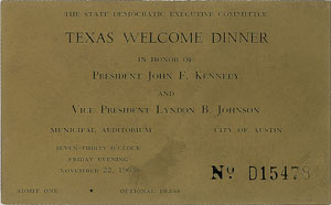 Lot #67 John F. Kennedy Texas Welcome Dinner Ticket - Image 1