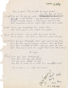 Lot #2351 Brad Delp Handwritten Lyrics for 'All I Want' - Image 1