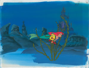 Lot #872 Ariel, Flounder, and Sebastian production cel and production background from The Little Mermaid TV Show - Image 1