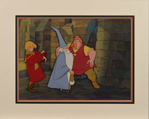 Lot #858 Merlin, Wart, and Sir Ector production cels and production background from Sword in the Stone - Image 1