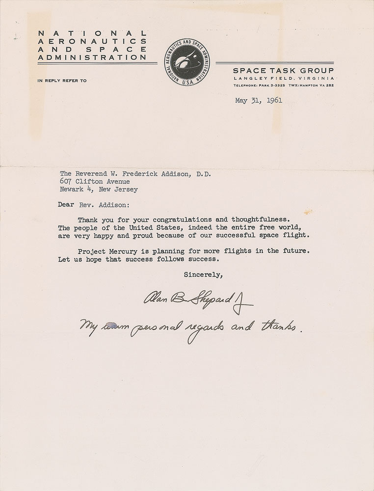 Lot #9024 Alan Shepard 1961 Typed Letter Signed