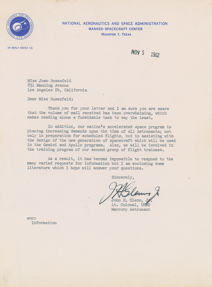 Lot #9016 John Glenn 1962 Typed Letter Signed