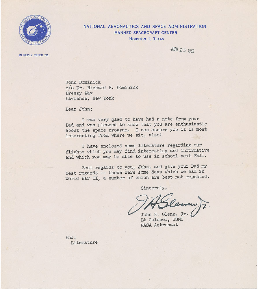 Lot #9017 John Glenn 1963 Typed Letter Signed