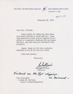 Lot #9077 Michael Collins 1972 Typed Letter Signed