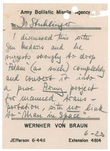 Lot #9004 Wenher von Braun 1958 Handwritten Note