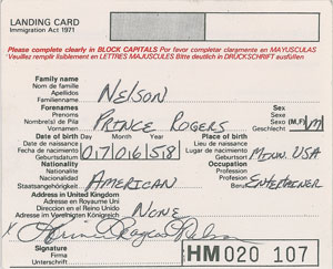 Lot #4046  Prince Signed UK Customs Card