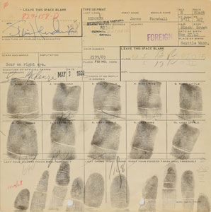 Lot #5094 Jimi Hendrix Signed 1969 Toronto Arrest Fingerprint Card - Image 1