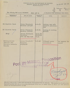 Lot #5094 Jimi Hendrix Signed 1969 Toronto Arrest Fingerprint Card - Image 3