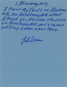 Lot #5127 Fats Domino Handwritten Lyrics for 'Blueberry Hill' - Image 1