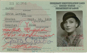 Lot #5316 Greta Garbo Signed Immigration Card - Image 1