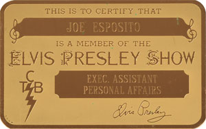 Lot #5075 Joe Esposito's Elvis Presley Show Gold Metal ID Card - Image 1