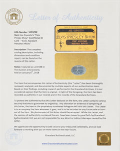 Lot #5075 Joe Esposito's Elvis Presley Show Gold Metal ID Card - Image 3