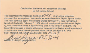 Lot #6618 Bill Pogue Signed Skylab Teleprinter Message - Image 2