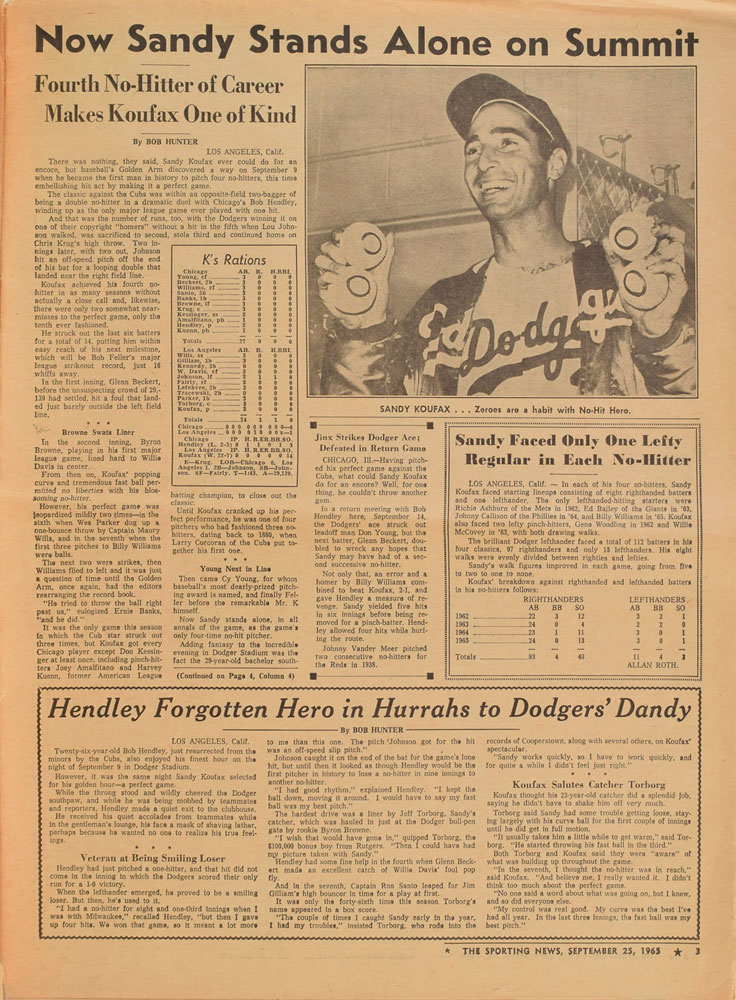 1965 Sporting News: Sandy Koufax Perfect Game