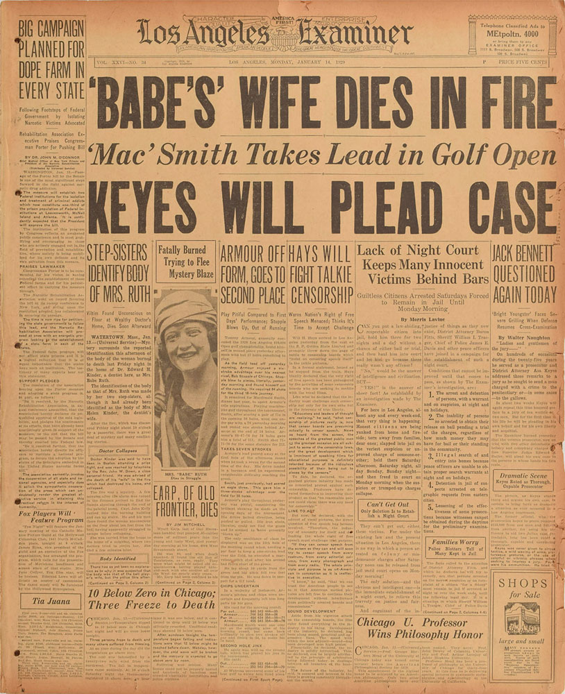 1929 Los Angeles Examiner: Babe Ruth's Wife Death