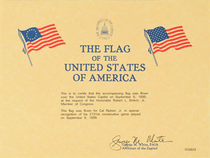 Lot #9370  1995 Cal Ripken, Jr. United States Capitol Flag - Image 2