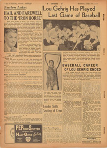 Lot #9388  1939 Boston Evening American: Lou Gehrig Retires - Image 2