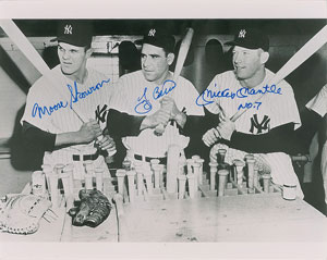 Lot #9290 Mickey Mantle, Yogi Berra, and Moose Skowron Signed Photograph - Image 1