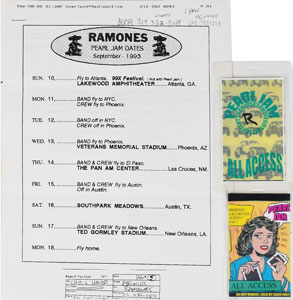 Lot #2528 CJ Ramone's 1995 Ramones and Pearl Jam Tour Itinerary and Backstage Passes - Image 1