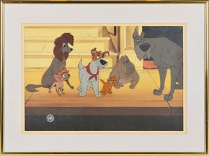 Lot #1231 Oliver, Dodger, Tito, Rita, Francis, and Einstein production cel from Oliver & Company - Image 1