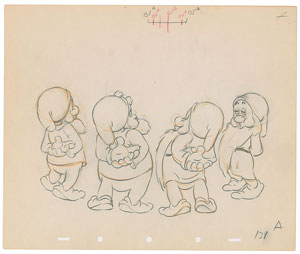Lot #1146 Sneezy, Happy, Bashful, and Sleepy production drawing from Snow White and the Seven Dwarfs - Image 1