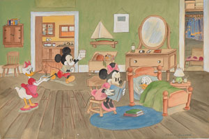 Lot #1178 Mickey and Minnie Mouse and Donald and Daisy Duck watercolor concept painting by Frank Follmer from a Mickey Mouse cartoon - Image 1