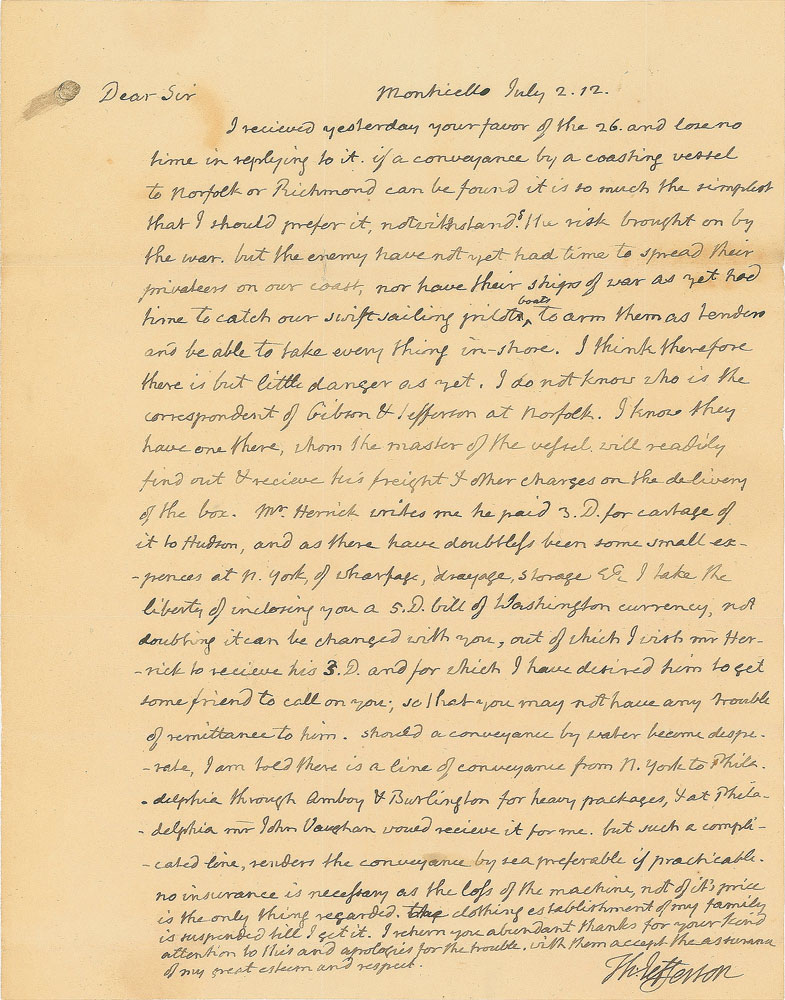 Lot #3006 Thomas Jefferson Autograph Letter Signed