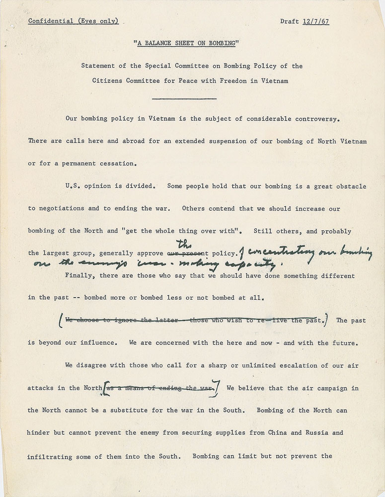 Lot #3013 Dwight D. Eisenhower Hand-Edited 'Balance Sheet on Bombing' and 'Negotiations: Hopes and Realities' Manuscripts