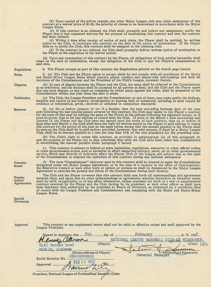 Verdorren tunnel Ruwe slaap Hank Aaron 1957 Milwaukee Braves Signed Player Contract (NL MVP Season) |  Sold for $8,988 | RR Auction