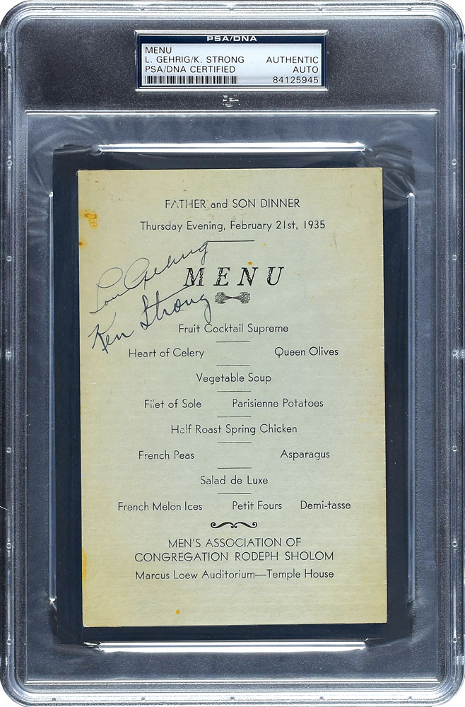 Lot #8329 Lou Gehrig 1935 Signed Menu - PSA/DNA