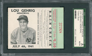 Lot #8436 Lou Gehrig 1941 Memorial Game Ticket Stub - SGC AUTHENTIC - Image 1