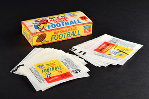 Lot #8205  1964 Philadelphia Football Display Box plus 1964 Wrappers (14) and 1966 Wrappers (7) - Image 1
