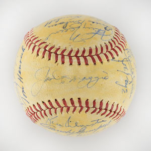Lot #8241  1946 New York Yankees Team Signed Baseball with 27 Signatures including DiMaggio and Dickey - Image 1