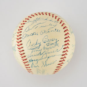 Lot #8252  1957 New York Yankees American League Champions Team Signed Baseball with Mantle - Image 1